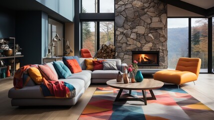 Modern living room with fireplace, sofa and patterned carpet. Wall motifs with many shapes and colors