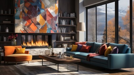 Modern living room with fireplace, sofa and patterned carpet. Wall motifs with many shapes and colors