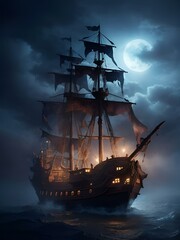 ship in the sea.A pirate ship flying through the clouds in the night sky.