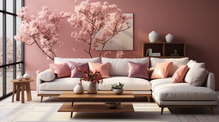 Modern living room with sofa and furniture, carpet, roses in vase and beige or light pink color