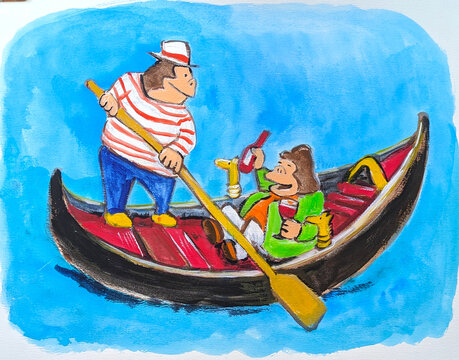 ゴンドラに乗って、櫂で漕ぐゴリラの船頭と、ワインボトルとワイングラスを持って歌うゴリラの観光客の手描き、水彩、イラスト
