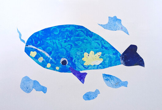クジラと魚が海を泳ぐ、半抽象、抽象的な、水彩、イラスト