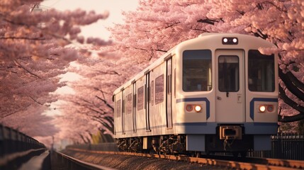 The train passes through the cherry trees in Tokyo