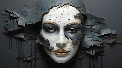 An artistic painting of a face mask inspired by Friday 13th. Unique expression of anonymity and identity in contemporary art. Perfect for museum and exhibition photography