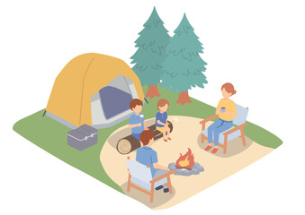 キャンプ場で焚火を囲む家族のアイソメトリックイラスト