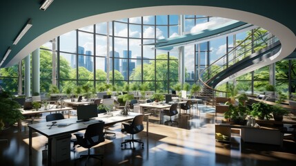 Modern office with open space for working, windows and green city background.