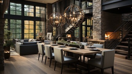 Modern open dining room with a stone fireplace accent wall facing a black dining table with chairs