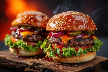 Two delicious homemade burgers of beef, cheese and vegetables on an old wooden table.