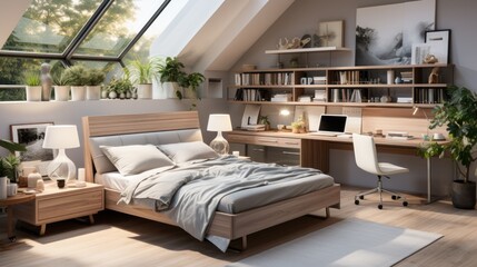 Modern teenagers room interior with comfortable bed
