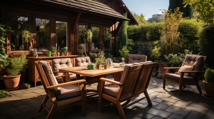 Obraz premium Neat terrace with wooden furniture and garden