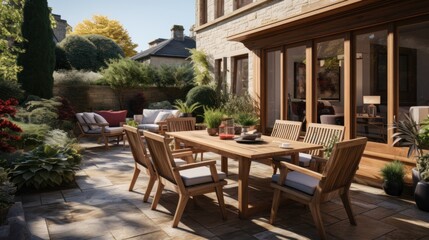 Neat terrace with wooden furniture and garden