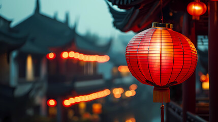 a red lantern with a background of traditional Chinese buildings