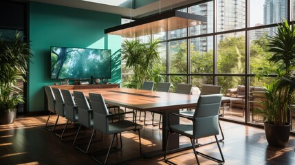 Fototapeta premium Conference room or meeting room with tables, chairs and plasma screen.