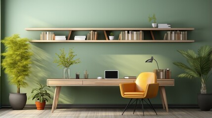 office space with table, chairs and shelves and white wall background