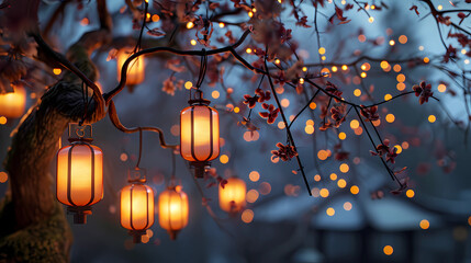 the lanterns hanging from the tree branches