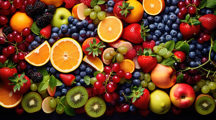 Naklejka na ściany i meble Nutrient Assortment of healthy raw fruits and berries platter background, strawberries raspberries