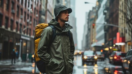 Adventure Awaits Gear up for your next outdoor adventure with this versatile outfit. The breathable rain jacket, moisturewicking tee, and convertible hiking trousers are the perfect base - obrazy, fototapety, plakaty