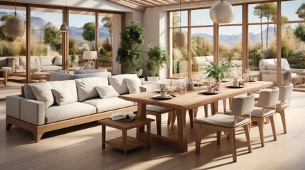 Obraz premium Open dining and living room interior with beige sofa, wooden table, cream colored chairs and plants.