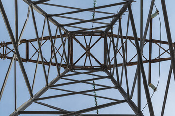 High-voltage power line support close-up. Metal pattern. View from below.