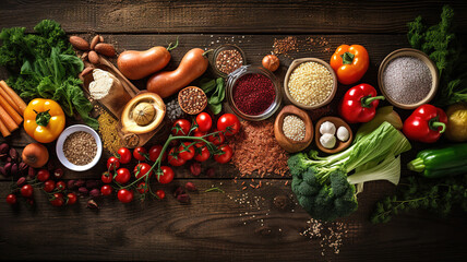 Fototapeta na wymiar Nutrient Selection of healthy food on rustic wooden background