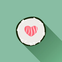 Sushi roll Japanese food illustration with green background vector icons for web design.
