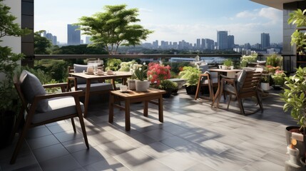 Outdoor patio area with gray floor tiles with seating