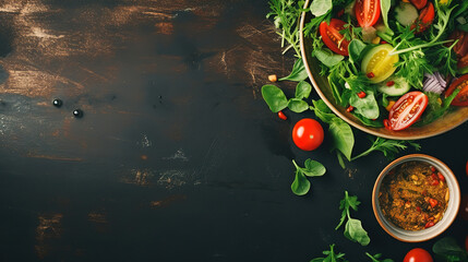 Delicious Healthy vegetarian salad making preparation with tomatoes on rustic background