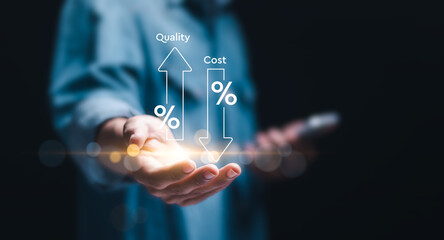 Cost and quality control concept, Businessman holding with virtual quality control growth graph and cost reduction. cost optimization for products or services to improve customer satisfaction. - obrazy, fototapety, plakaty