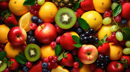 Tasteful Top view fresh fruit composition colorful fruits on light-pink surface - obrazy, fototapety, plakaty