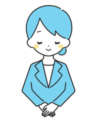 水色｜笑顔でお辞儀をする女性｜スーツ
