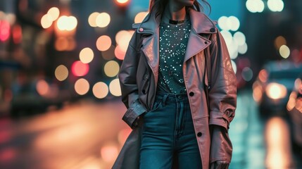 For a more casual vibe, go for a cropped leather trench coat in a pastel hue, paired with a graphic tshirt and mom jeans. - obrazy, fototapety, plakaty