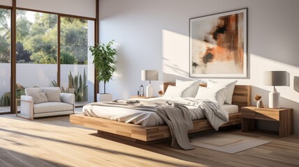Beautiful panoramic view from a nice white stylish modern bedroom