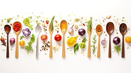 Fresh Organic vegetables assorted with cooking spoons and oil on white wooden background - obrazy, fototapety, plakaty