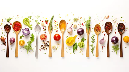 Fotobehang Fresh Organic vegetables assorted with cooking spoons and oil on white wooden background © Kashem