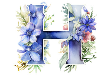 Floral alphabet, letter h with watercolor violet flowers and leaf. Botanical monogram initials perfectly for wedding invitations, isolated on a Transparent background. Generative AI