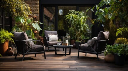 Plants and dark garden furniture on the terrace with wooden floor