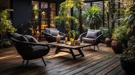 Plants and dark garden furniture on the terrace with wooden floor