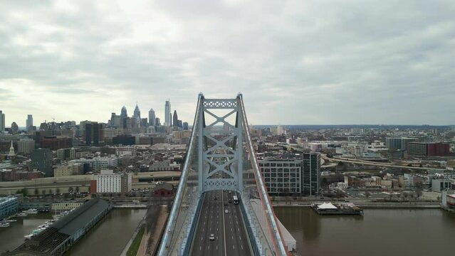 Symmetrical view over the top of the Ben Franklin Bridge. Philadelphia, Pennsylvania skyline in the background.