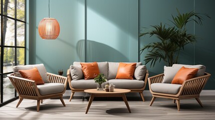 Pouf and brown chairs in the living room with plants and wooden table against light blue walls