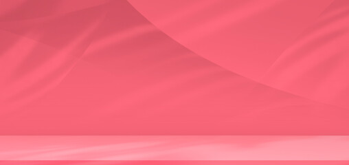 Raspberry rose pink color trend 2024 panoramic background, interior studio wall room with light and abstract shadow for product display presentation. Backdrop Empty counter table mockup, illustration
