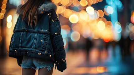 Stay ahead of the fashion game in a recycled polyester puffer coat, paired with distressed denim shorts made from upcycled jeans and trendy accessories made from recycled materials. - obrazy, fototapety, plakaty