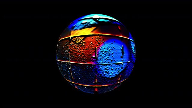 Rotating sphere graphic with ribbed surface liquid movement and color array
