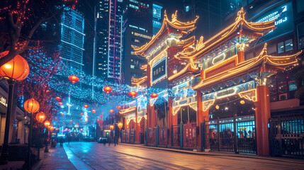 urban buildings decorated with light projections or special Chinese New Year