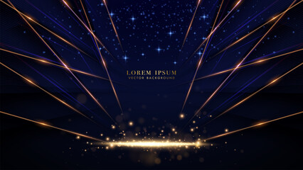 Diagonal golden lines with sparkle glowing effect and bokeh decoration on dark blue background