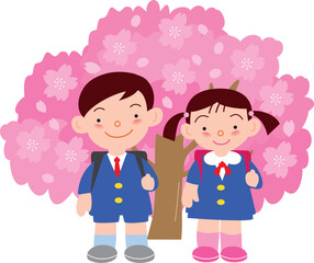 満開の桜と小学生
