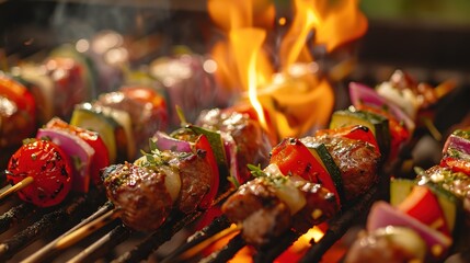 Barbecue skewers meat kebabs with vegetables on flaming grill