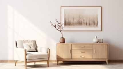 beige living room interior armchair and sideboard with mock up poster frame, beige wooden sideboard