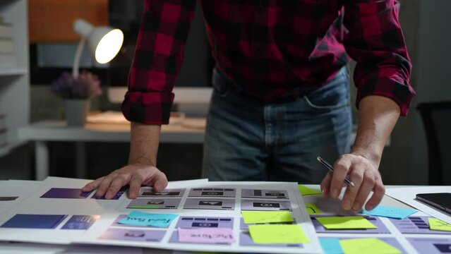 UX developers, UI designers think about designing creative mobile app interface layouts Application planning sketch Prototype development process with customer code and color code online business work