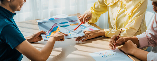 Startup company employee working together, analyzing BI dashboard paper on financial data report and planning strategic marketing for business success in panorama banner. Synergic - obrazy, fototapety, plakaty