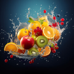Creative food shot of mix fruits with splash of juice
